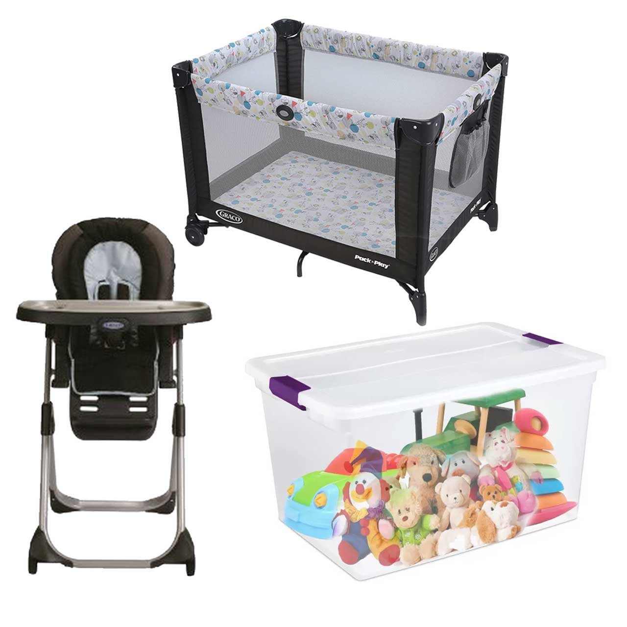 Package 12: Graco Pack 'n Play, High Chair and Bucket Of Toys 