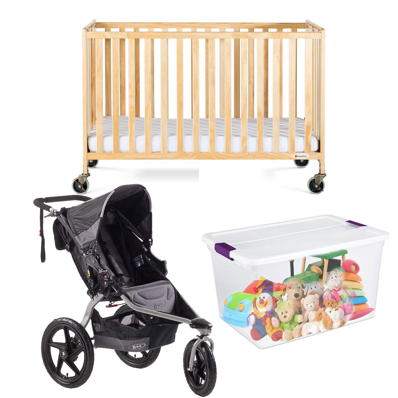 Full-Size Crib and Single Stroller with Engaging Toys for Your Baby