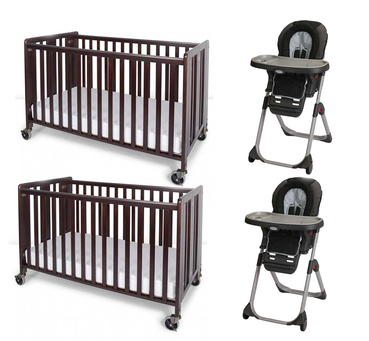 Double the Comfort: Two Full Cribs with Two Highchairs Package
