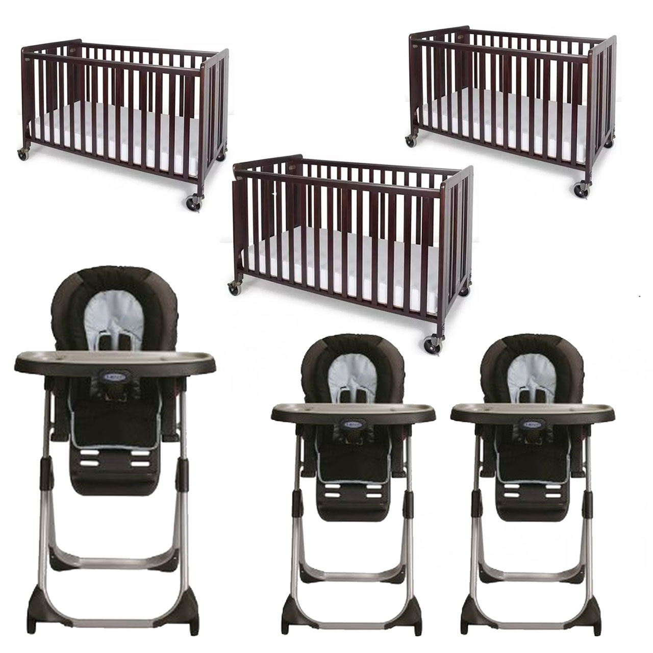 PACKAGE 29 (3 HIGH CHAIRS, 3 FULL SIZE CRIBS WITH MATTRESS AND SHEETS)