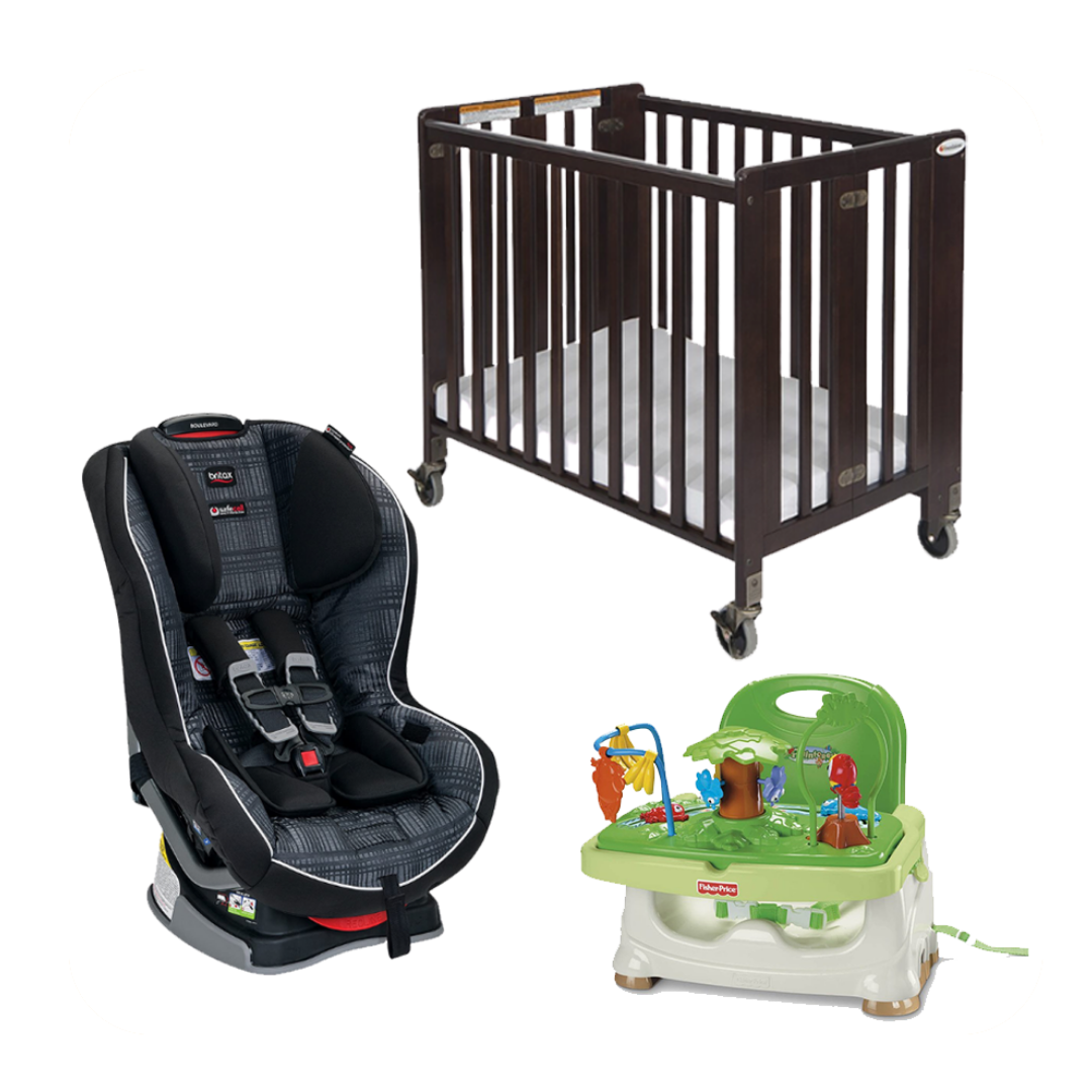 Package 11: Full Size Folding Crib, Mattress and Linens with Space Saver High Chair and Convertible Car Seat